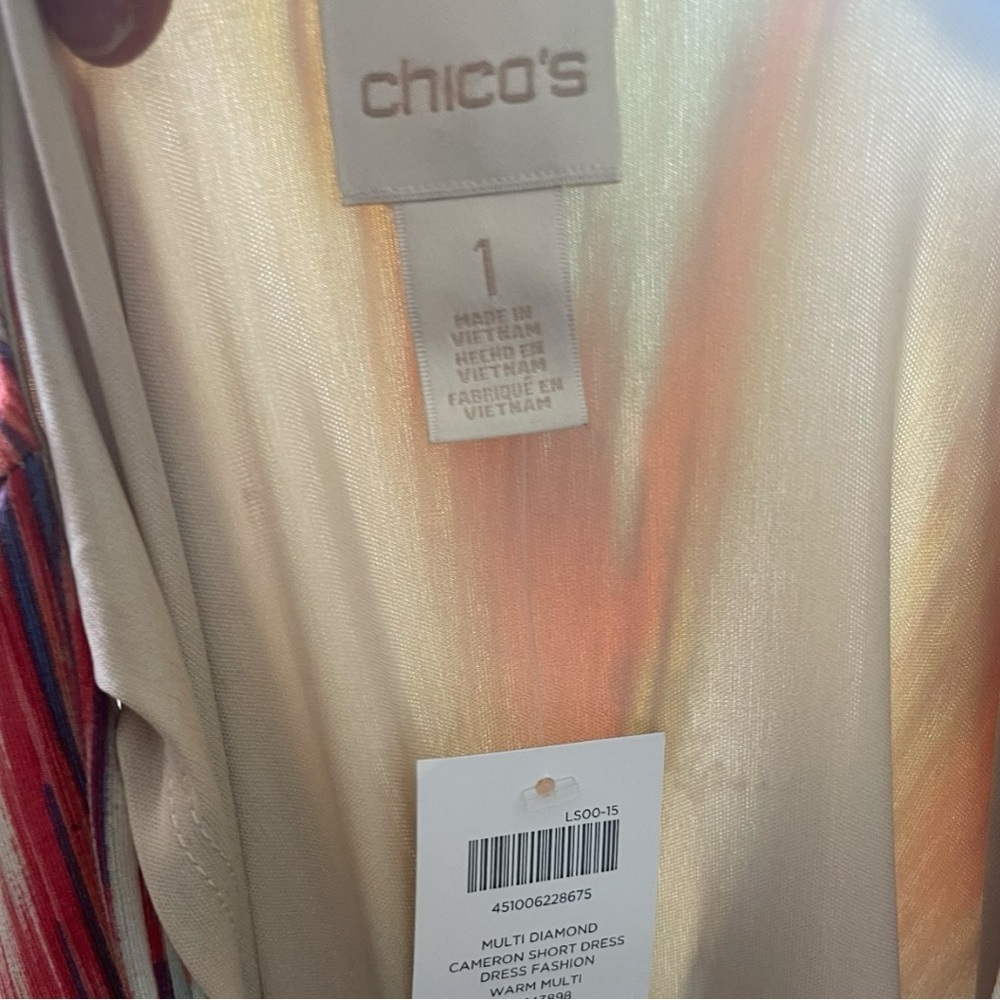 Chico’s NWT Ikat Print Multicolor Short Sleeve Dress Size Medium(Chico’s Size 1) - Picture 12 of 15